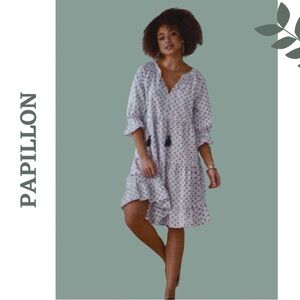 Charlie Paige Relaxed Fit Cotton Dress 3/4 Length Sleeve Tassel White Dark Blue